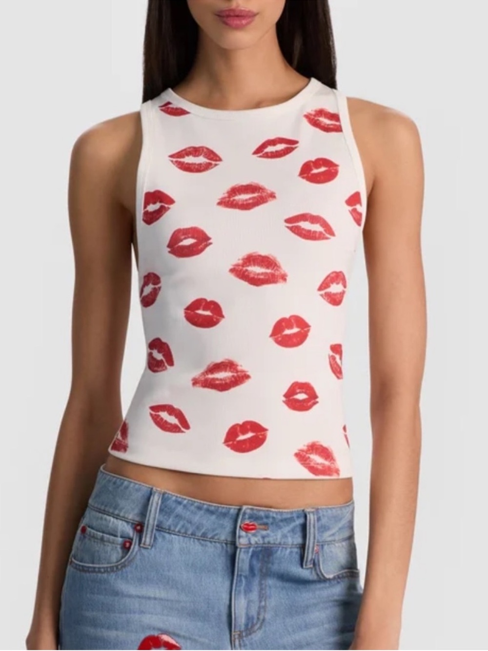 Alice + Olivia Lip Print Tank Top White Red Size XS